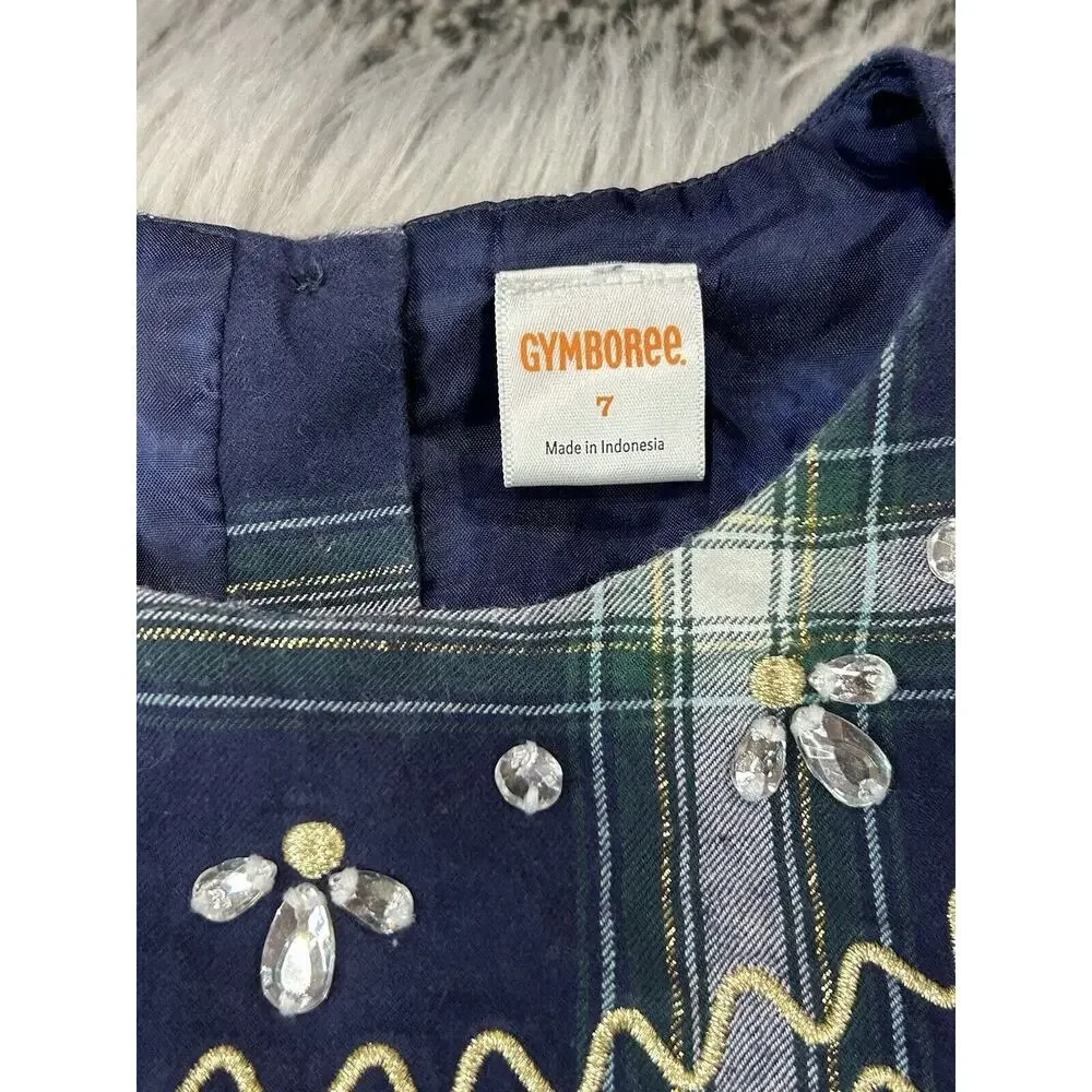 Gymboree‎ Blue Plaid Holiday Dress With Jeweled And Gold Stitched Accents Size 7